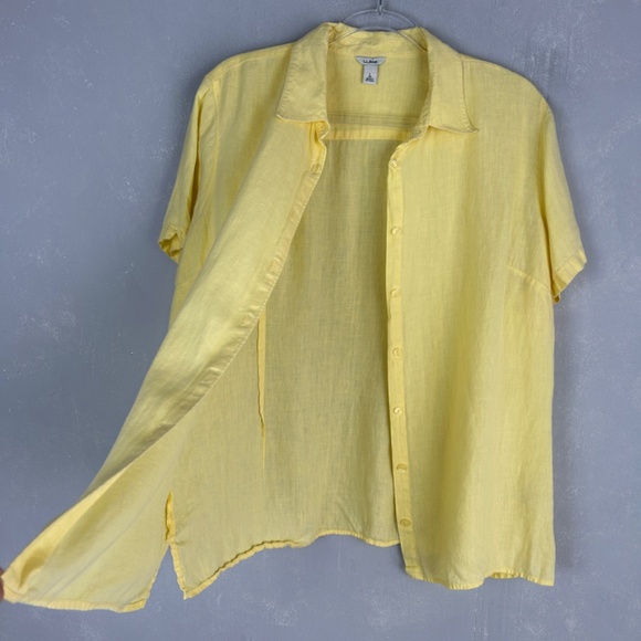 LL Bean women size L short sleeve button up top yellow 100% linen - Picture 7 of 10